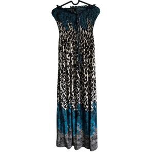 Club Z Collection Maxi Dress Teal Blue Leopard‎ Print Smocked Boho